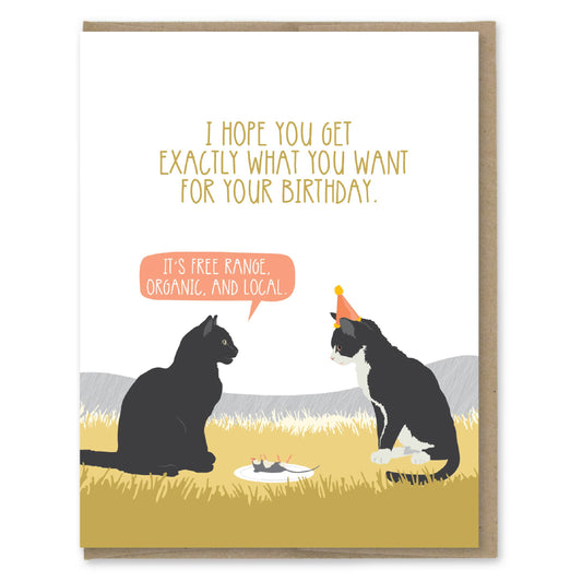 Organic mouse birthday card featuring two cats with text "It's free range, organic, and local." Ideal for stationery store collections.