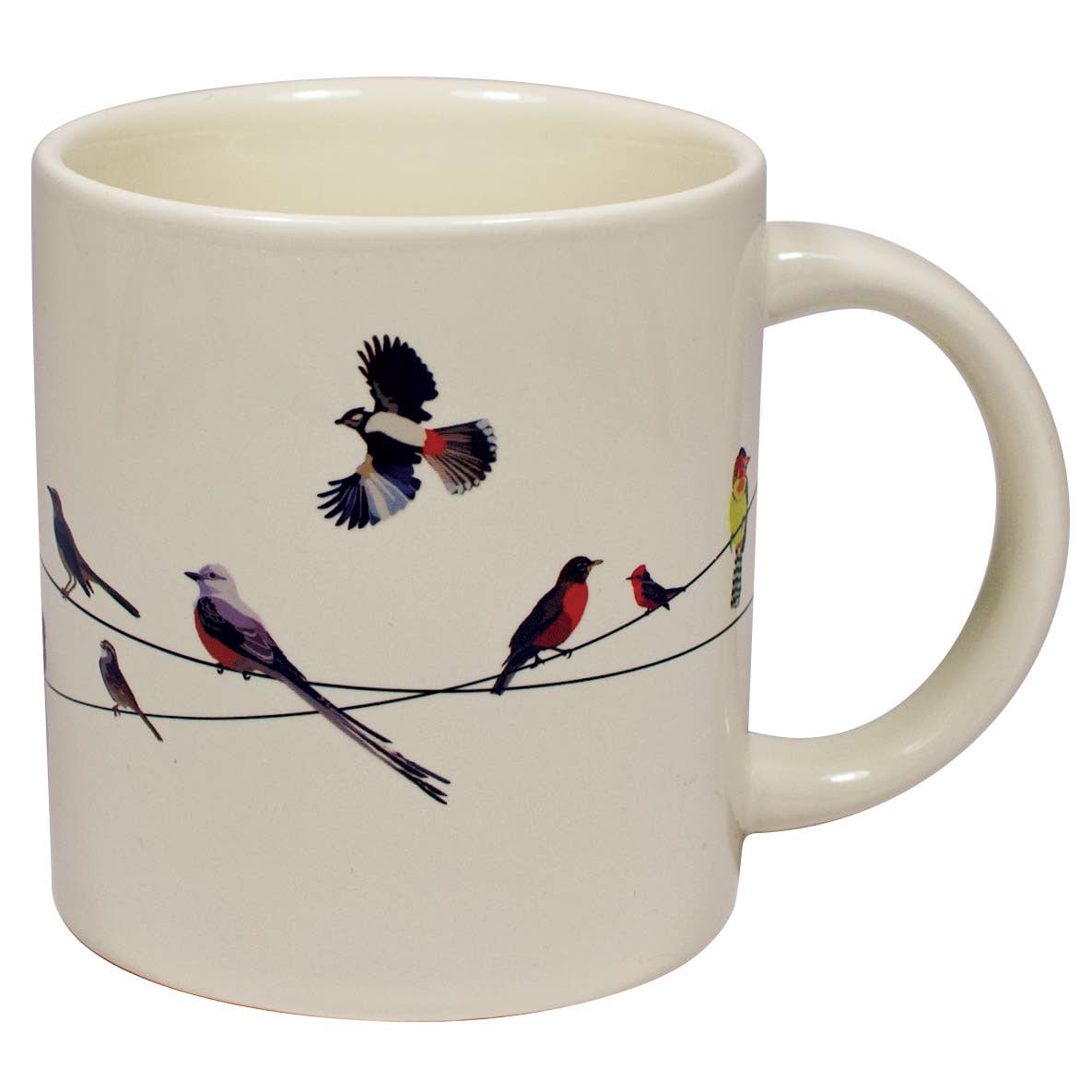 Birds on a Wire Heat-Changing Coffee Mug displaying colorful bird species, perfect for any hot beverage. Available at stationery stores.