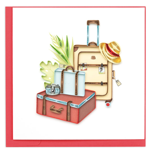 Alt Tag: Quilled Vintage Luggage card with suitcase, camera, and hat design, ideal for travelers; available at our stationery store.