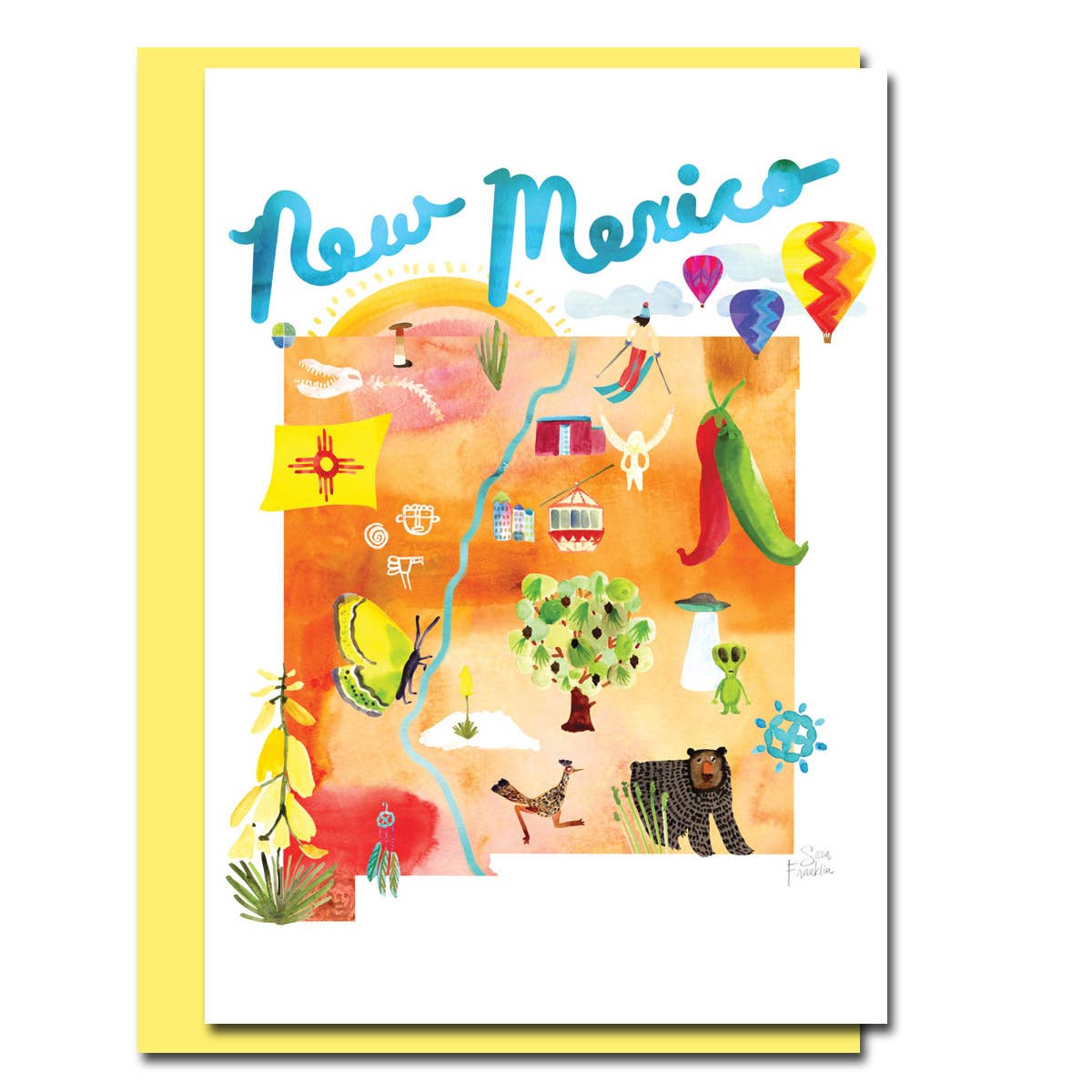 New Mexico watercolor map card with vibrant illustrations, designed by Sara Franklin, paired with butter yellow envelope. Stationery store item.