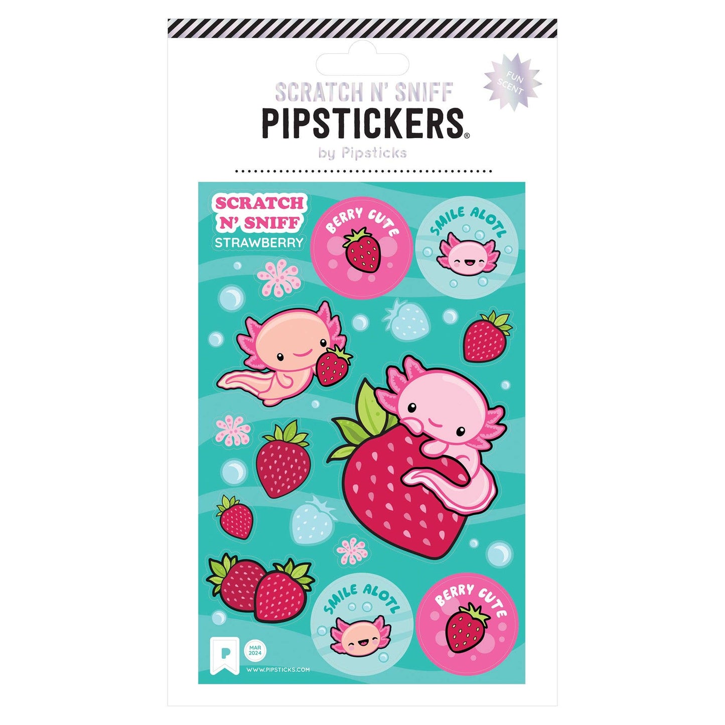 Berry Cute Axolotl Scratch 'n Sniff strawberry stickers from PipStickers, stationery store favorite, 4x6 sheet with axolotl and strawberry designs.