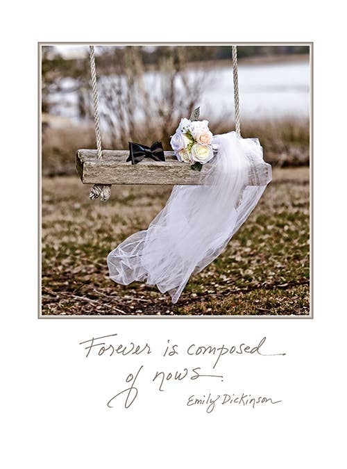 Alt Tag: 'Forever Is Composed of Nows - Emily Dickinson card, swing with flowers, wedding stationery from Stationery Store, congratulations'