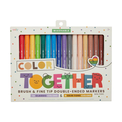 Color Together Markers Set of 18 with rainbow and skin tone colors, double-ended for brush and fine tip, available at stationery store.