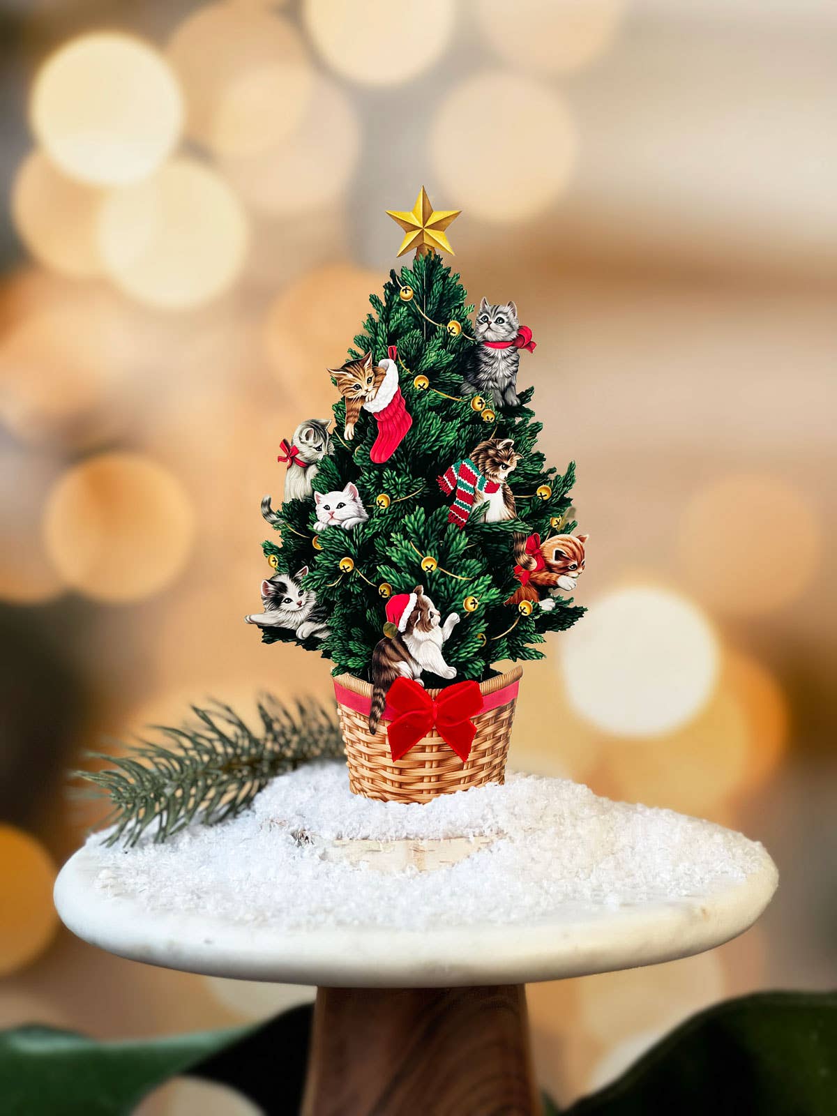 Mini Meowy Christmas Tree Pop-up Card with festive cats and gold trim, perfect for Christmas gifts at your favorite stationery store.