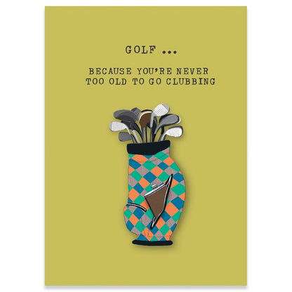 Golf-themed birthday card by Sally Scaffardi for Carte with humorous text and golf club illustration, available at stationery store.