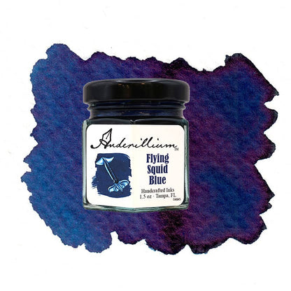 Anderillium Ink Flying Squid Blue 1.5 oz fountain pen ink bottle with color splash background, stationery store art supply