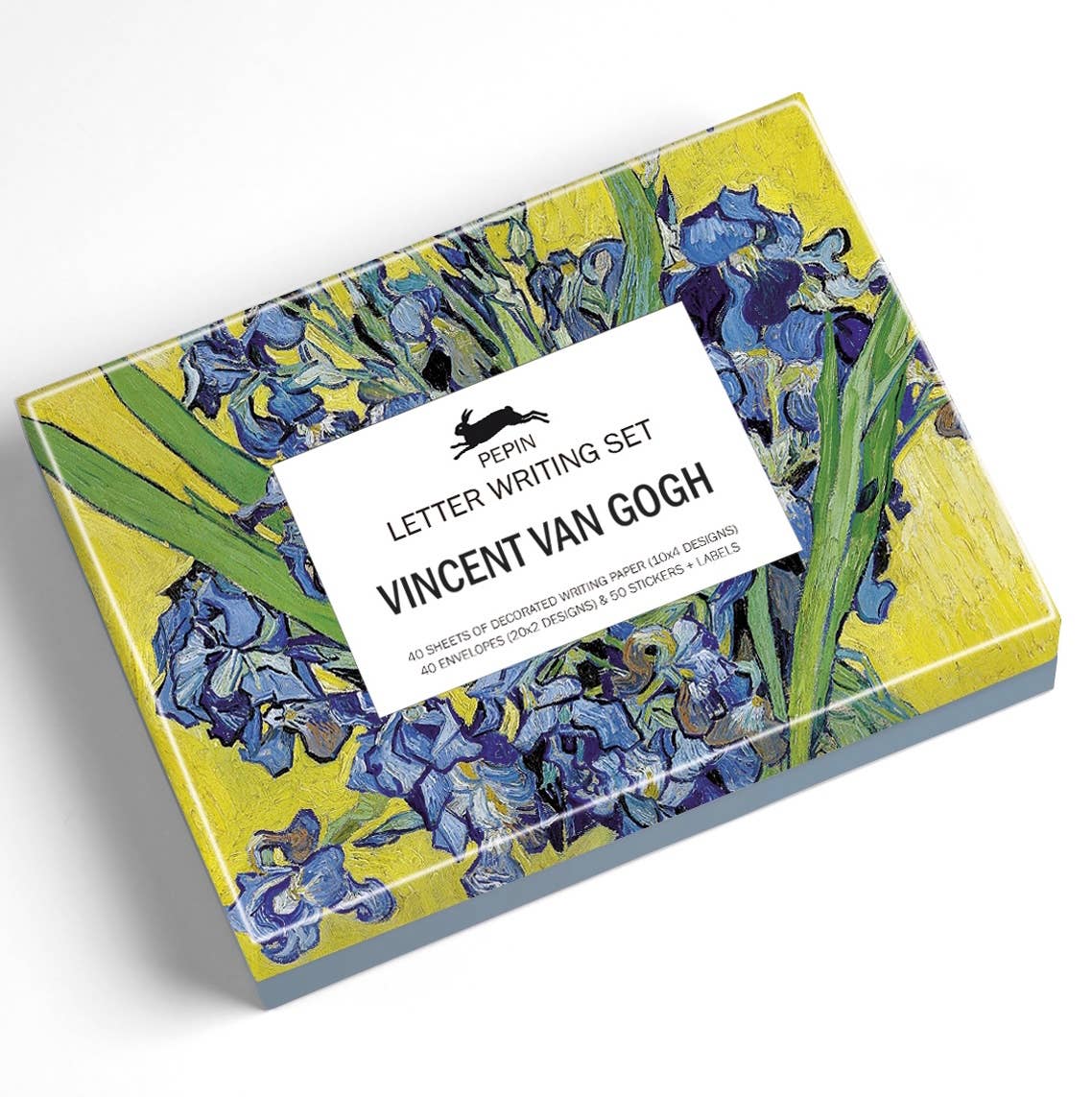 Vincent Van Gogh Letter Writing Set box with iris artwork, ideal for stationery enthusiasts, includes paper, envelopes, labels.