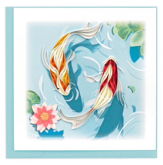 Quilled Koi Fish Pond Greeting Card with swimming koi in red, orange, white, gray; tranquil stationery store offering.