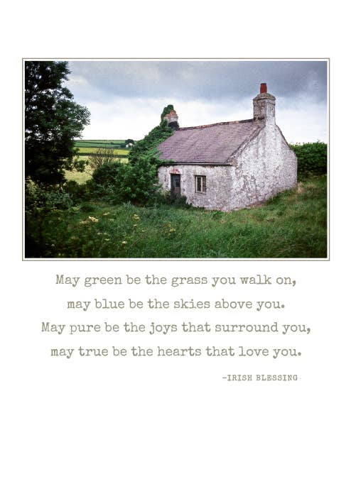 Charming Irish cottage with greenery, featuring "May green be the grass you walk on" Irish blessing quote. Suitable for stationery stores.