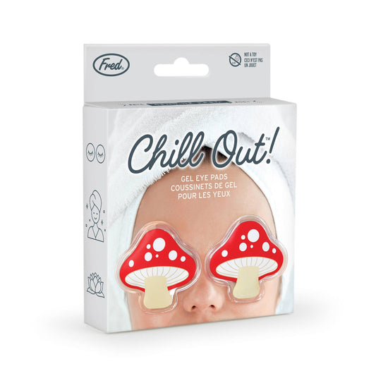 Chill Out mushroom eye pads in packaging, ideal for relaxation and self-care. Available at stationery stores. Cooling gel for puffy eyes.