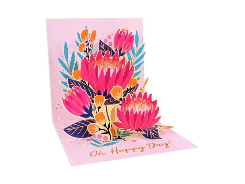 Protea Pop-Up Card with vibrant floral design, "Oh Happy Day" greeting, ideal for stationery stores.