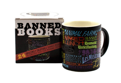 Banned Book Coffee Mug with titles, 12 oz ceramic, colorful box, perfect for beverages, available at stationery store, novelty gift.