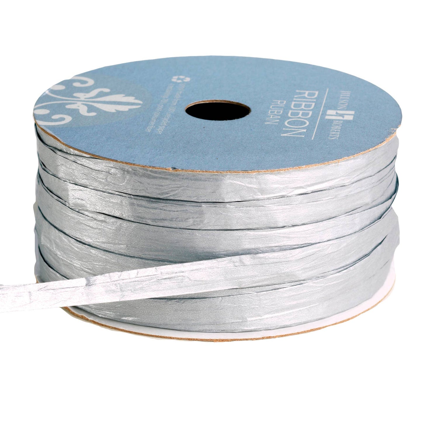 Silver Ribbon Paper Raffia, eco-friendly, chlorine-free, from Stationery Store; made with biodegradable paper and water-based inks.