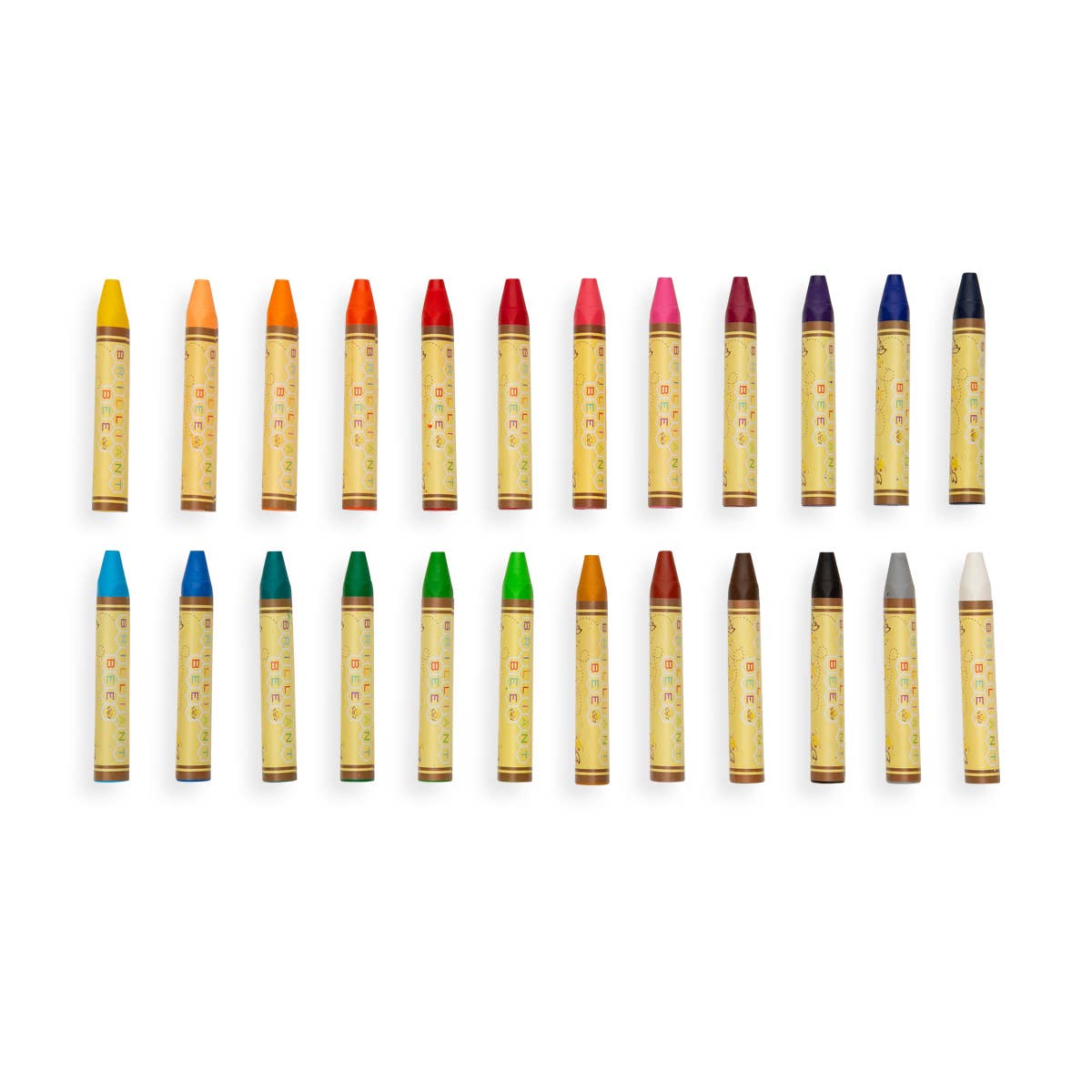 Brilliant Bee Crayons Set of 24 in vibrant colors, triangular ergonomic shape, great for stationery store displays and arts use.