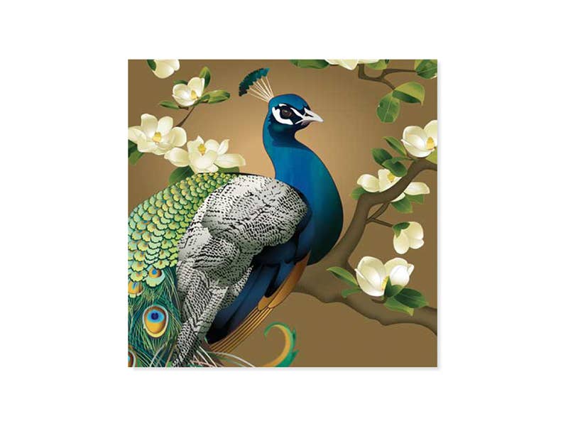 Peacock and Magnolias Pop-Up Card, featuring vibrant peacock artwork for special occasions, available at stationery stores.