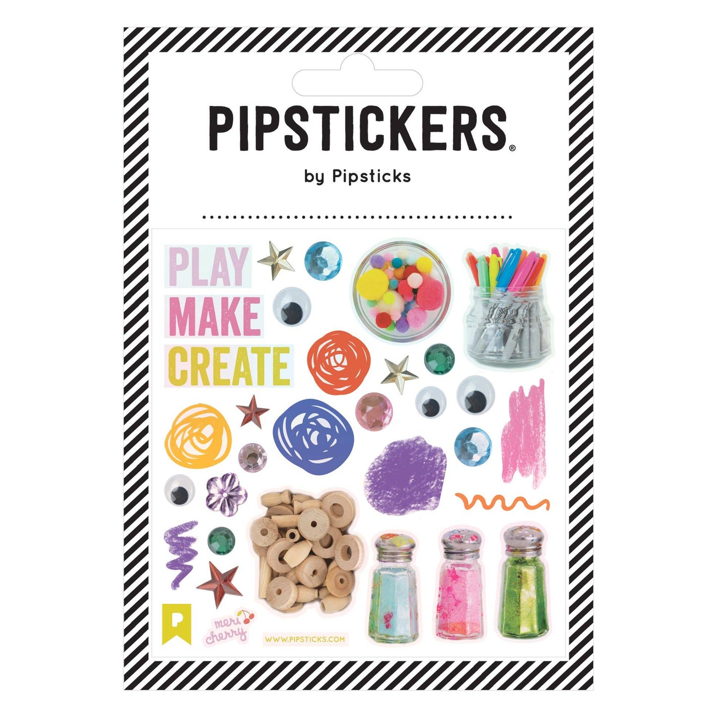 Alt Tag: Play Make Create by Meri Cherry Stickers - PipStickers with holographic accents, perfect for stationery store enthusiasts.