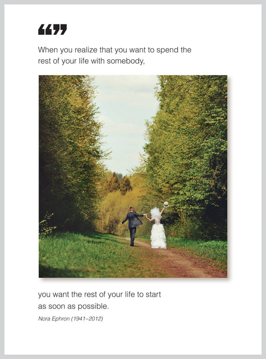 Wedding Congrats Greeting Card featuring a couple running on a forest path. Available at stationery store. Eco-friendly, made in USA.