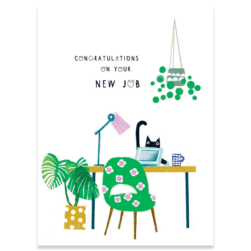 New Job Card by Carte - Office desk with cat illustration, plants, congratulatory message - Stationery store greeting card.