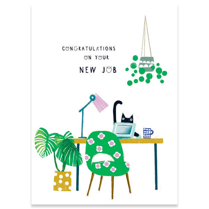 New Job Card by Carte - Office desk with cat illustration, plants, congratulatory message - Stationery store greeting card.