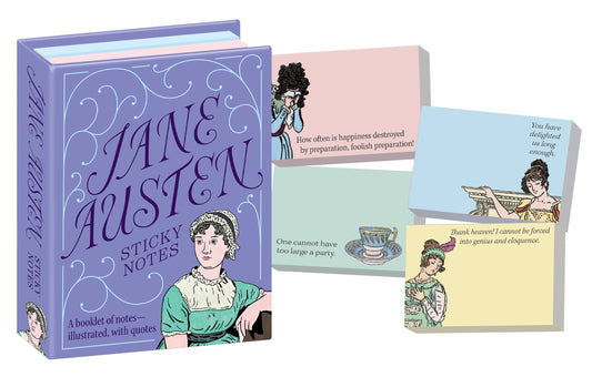 Jane Austen Sticky Notes booklet with various color sticky notes featuring quotes, available at stationery store.