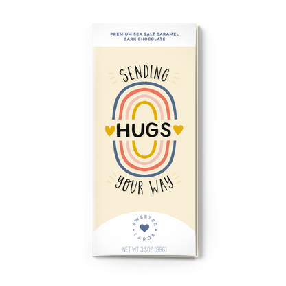 "Sending Hugs" chocolate card with sea salt caramel by Sweeter Cards, a woman-owned stationery store.