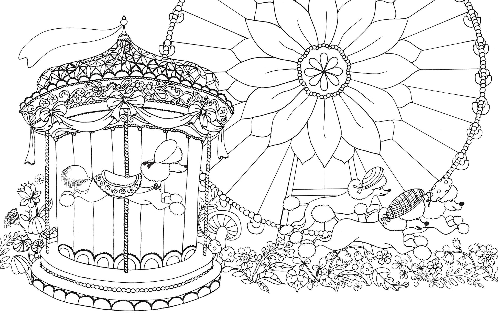 Coloring page from 'A Million Dogs Coloring Book' featuring whimsical carousel and dogs. Ideal for dog lovers. Available at stationery stores.