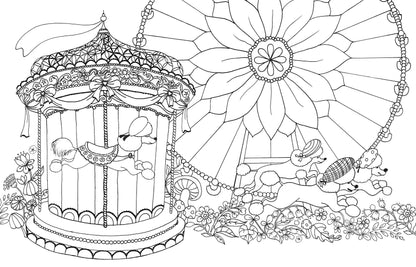 Coloring page from 'A Million Dogs Coloring Book' featuring whimsical carousel and dogs. Ideal for dog lovers. Available at stationery stores.