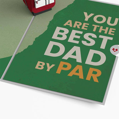 Best Dad By Par 5x7" 3D pop-up card, ideal gift from stationery store, personalized greeting for dads with premium envelope.