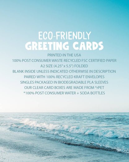 Eco-friendly greeting cards with ocean background, printed on recycled paper. A2 size 4.25" x 5.5". Available at stationery stores.