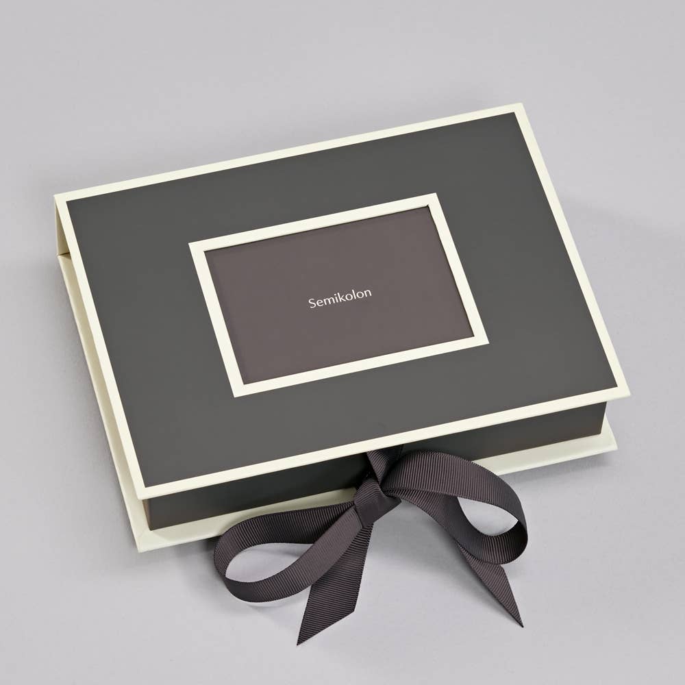 Heritage Line small photograph box with lid window and decorative ribbon closure, perfect for stationery store use and photo storage.