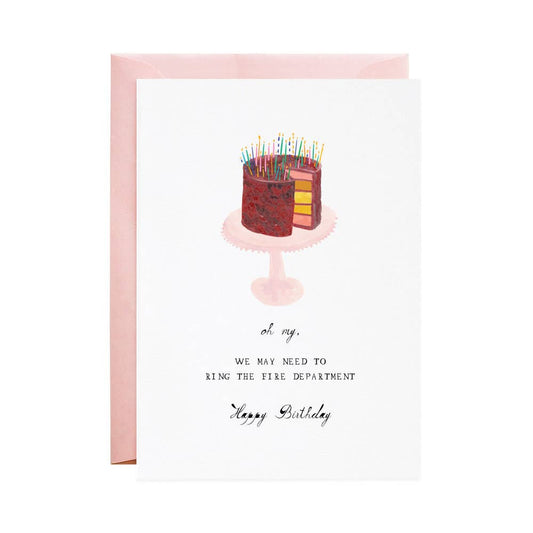 Ring the Fire Department birthday card with cake illustration, hand-drawn typography from stationery store, measures 4.5 x 6.25 inches.