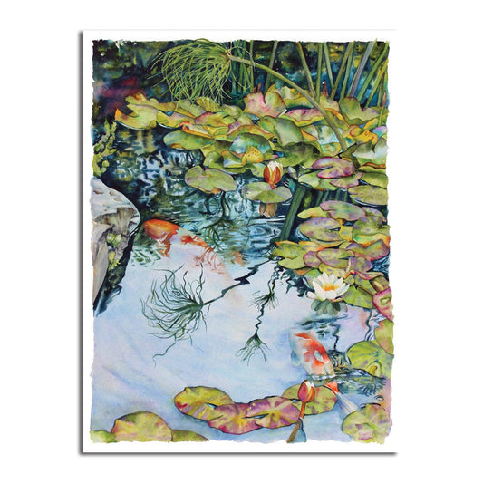 Reflect on Papyrus & Fish Sympathy Card with koi pond design, 4.5x6 inch white matte card by Sally Robertson, stationery store product.