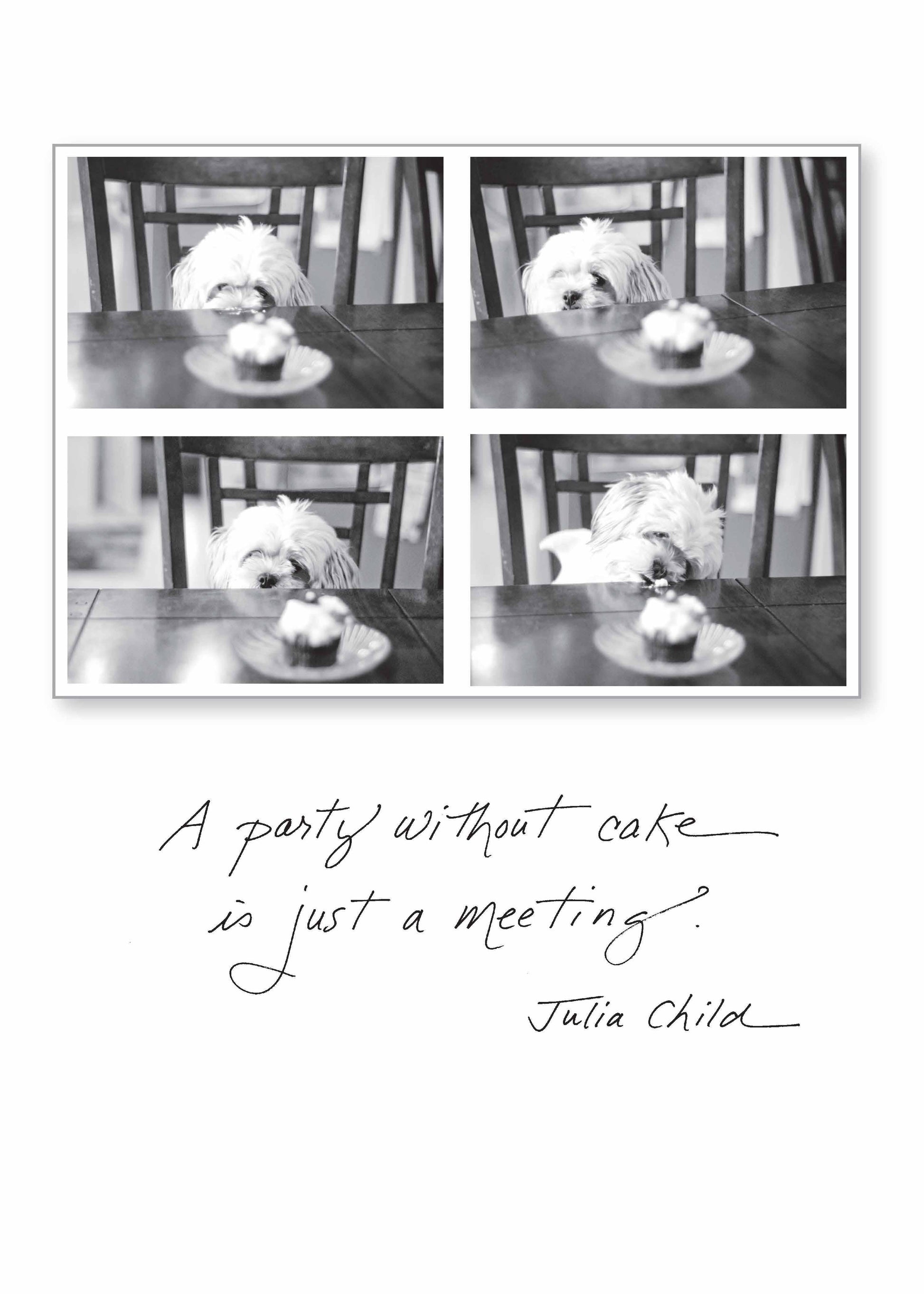 Black and white collage of a dog eyeing a cake with Julia Child quote, "A party without cake is just a meeting" from stationery store.