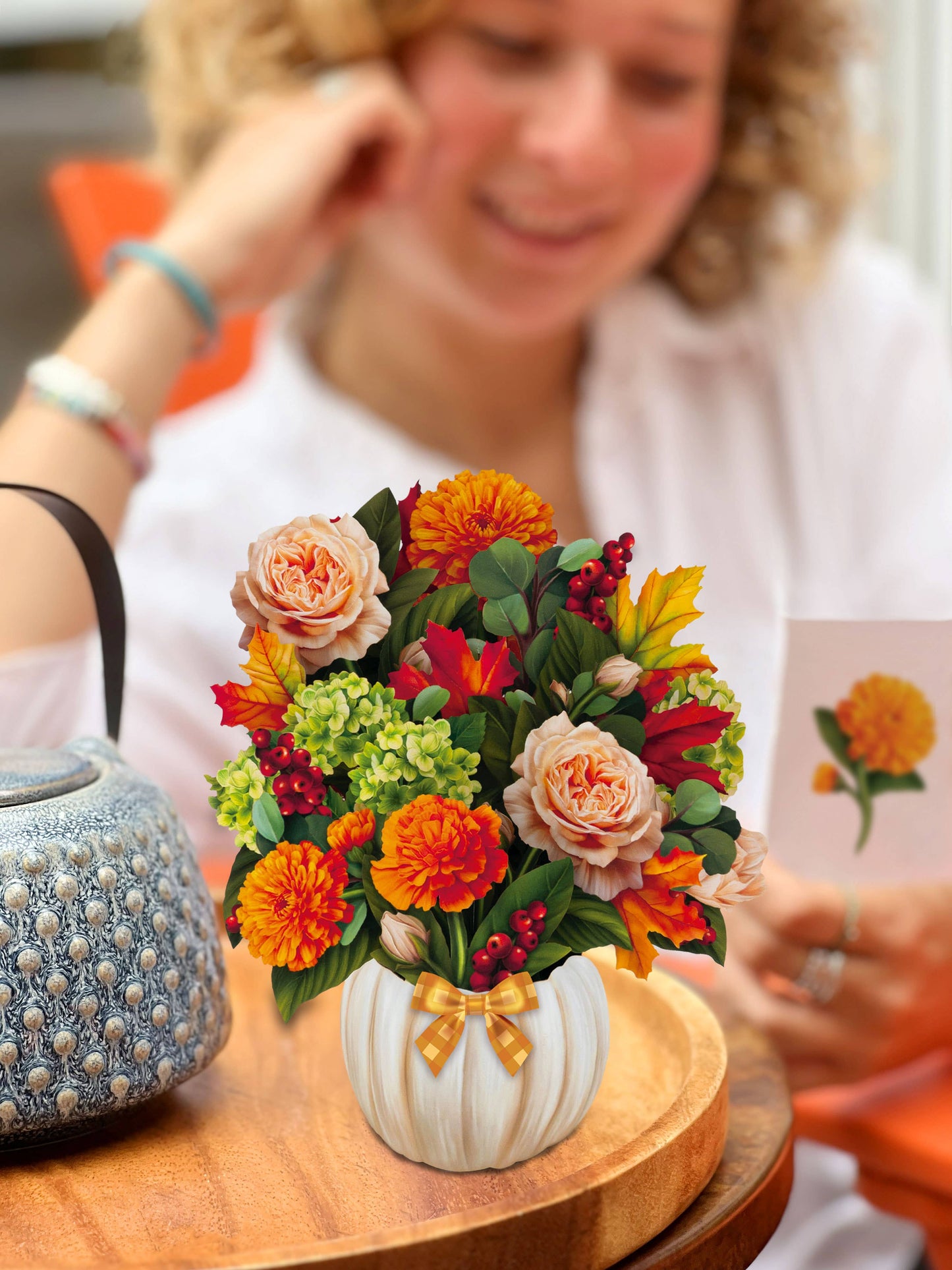 Mini Pumpkin Spice pop-up greeting card with floral arrangement, perfect for stationery store gifts and personal notes.
