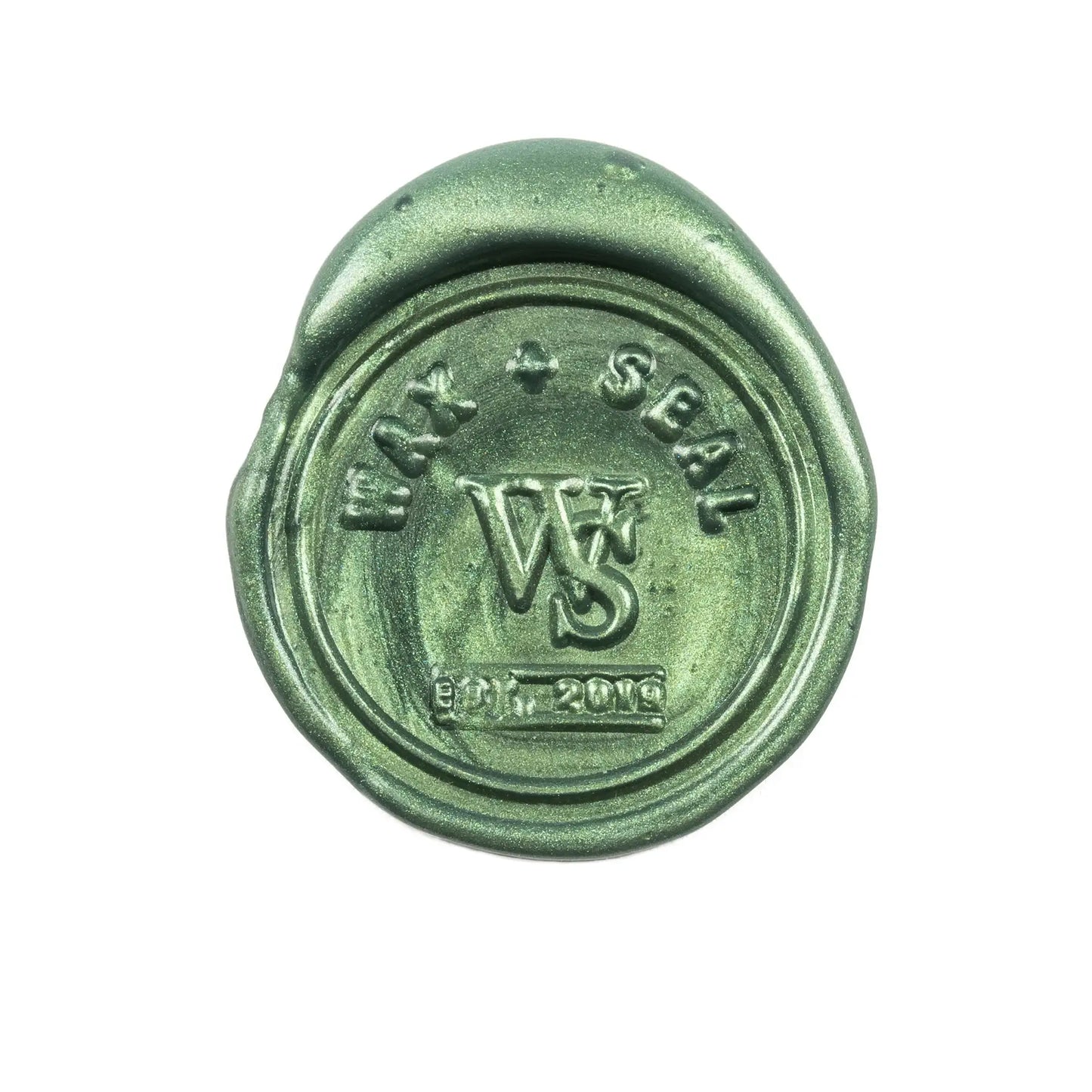 Emerald wax seal stamp from Wax Plus Seals, ideal for stationery stores, perfect for sealing envelopes and creative projects.