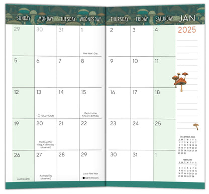 January 2025 calendar page from the Mighty Mushrooms pocket planner, featuring notable dates and mushroom illustrations.