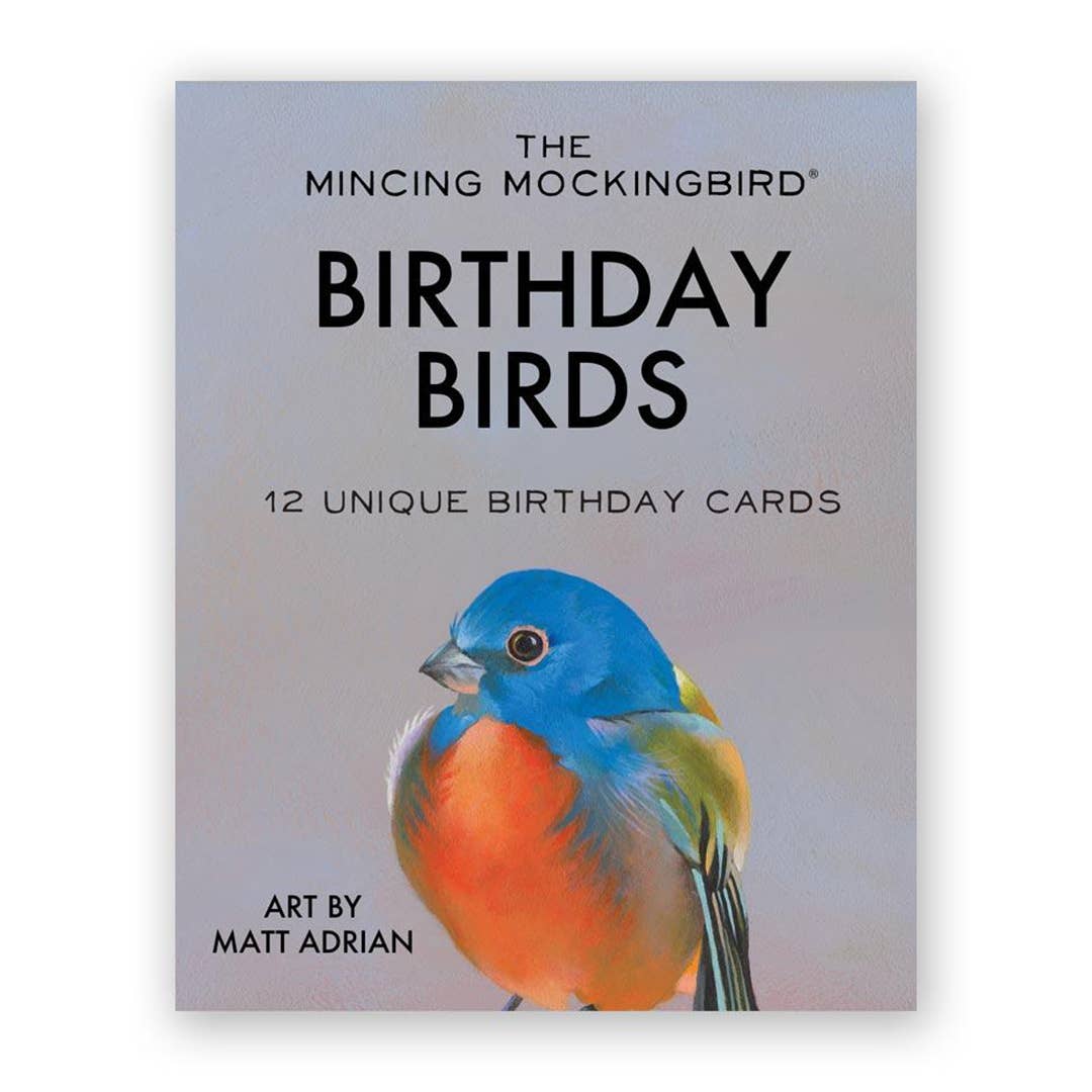 Matt Adrian Bird Birthday Greeting Cards - Box Set of 12 from stationery store, featuring colorful bird illustrations and kraft envelopes.