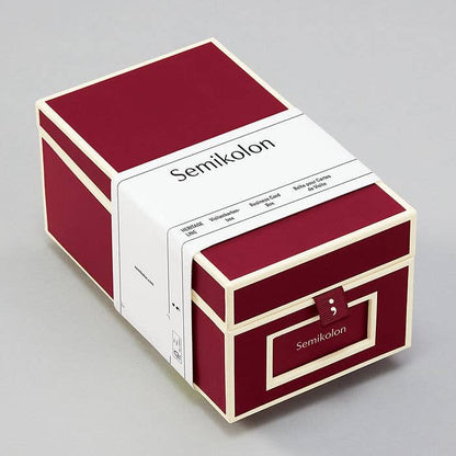 Heritage Line Semikolon Business Card Box with alphabetical tabs and index cards, perfect for organization, available at stationery store.