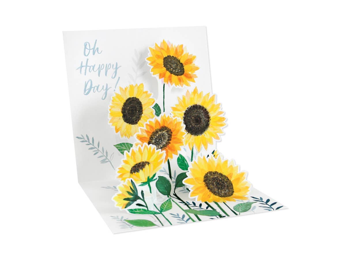 Sunflowers Pop-Up Card featuring colorful artwork and "Oh Happy Day" message, perfect for any stationery store occasion.