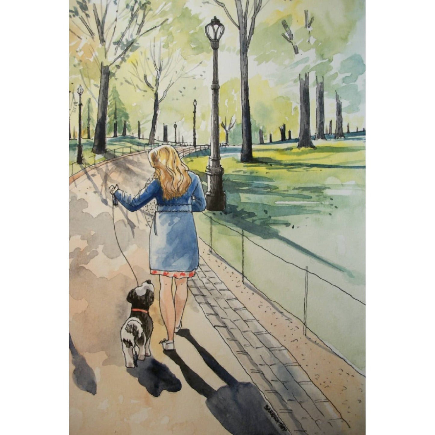 Watercolor illustration of a woman walking a dog in a park path with trees and lampposts, capturing a serene outdoor scene.