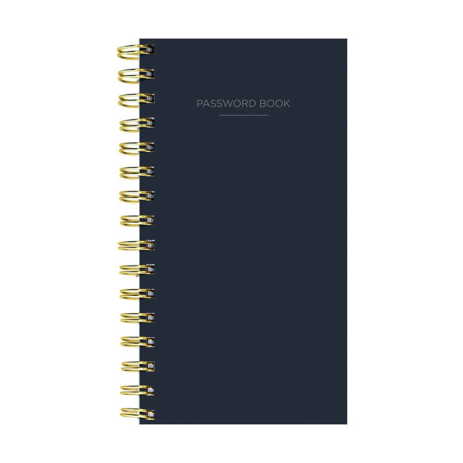 Black Spiral Password Book with textured cover from stationery store, featuring sections for passwords and notes.