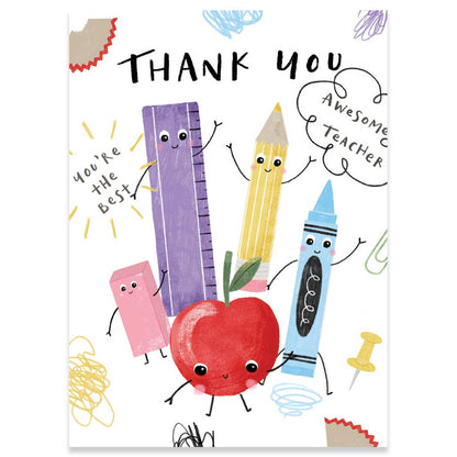 Thank You card featuring cute stationery characters with 'Awesome Teacher' message. Perfect for gifting, available at stationery store.