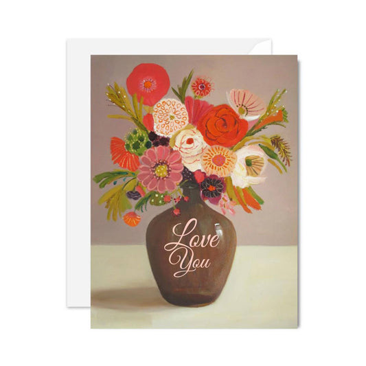 Love You card with floral vase design, blank A2 size, recycled 100lb card stock from Canadian stationery store.