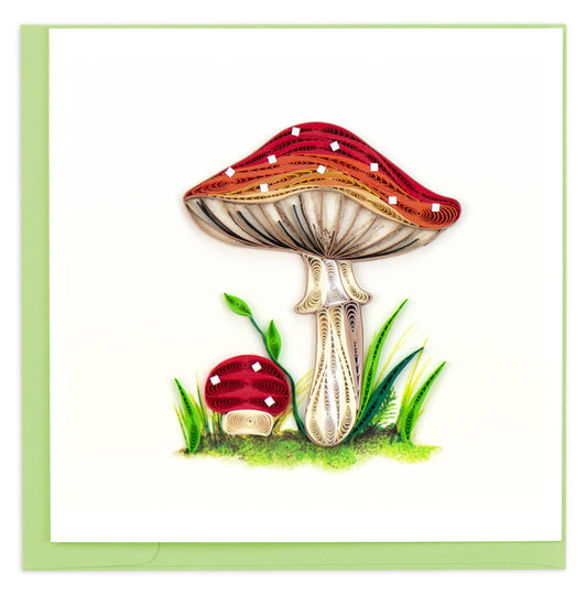 Wild Mushroom quilled card with envelope from stationery store, featuring intricate design and greenery, square format with added details.