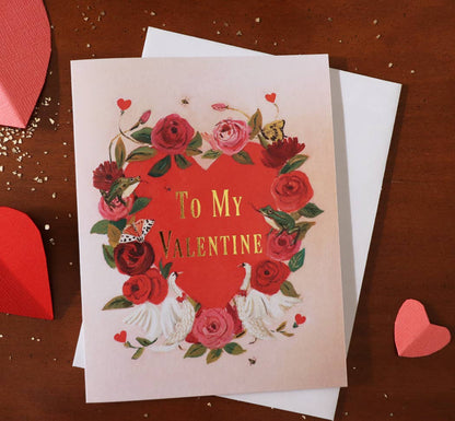 To My Valentine card with gold foil text and floral heart design, blank inside, available at stationery store, includes envelope.