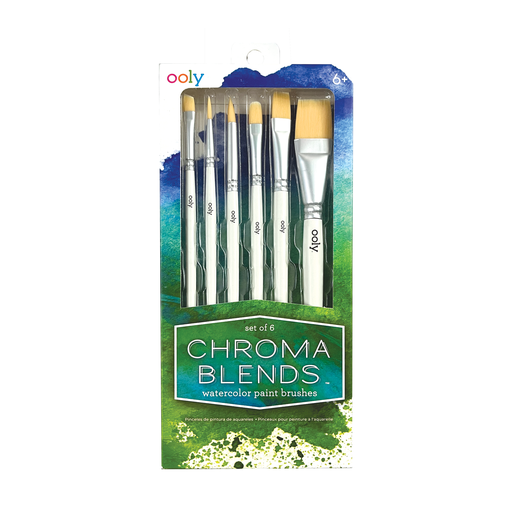 Chroma Blends Watercolor Paint Brushes Set of 6 in packaging, versatile nylon brushes for artists, available at stationery stores.