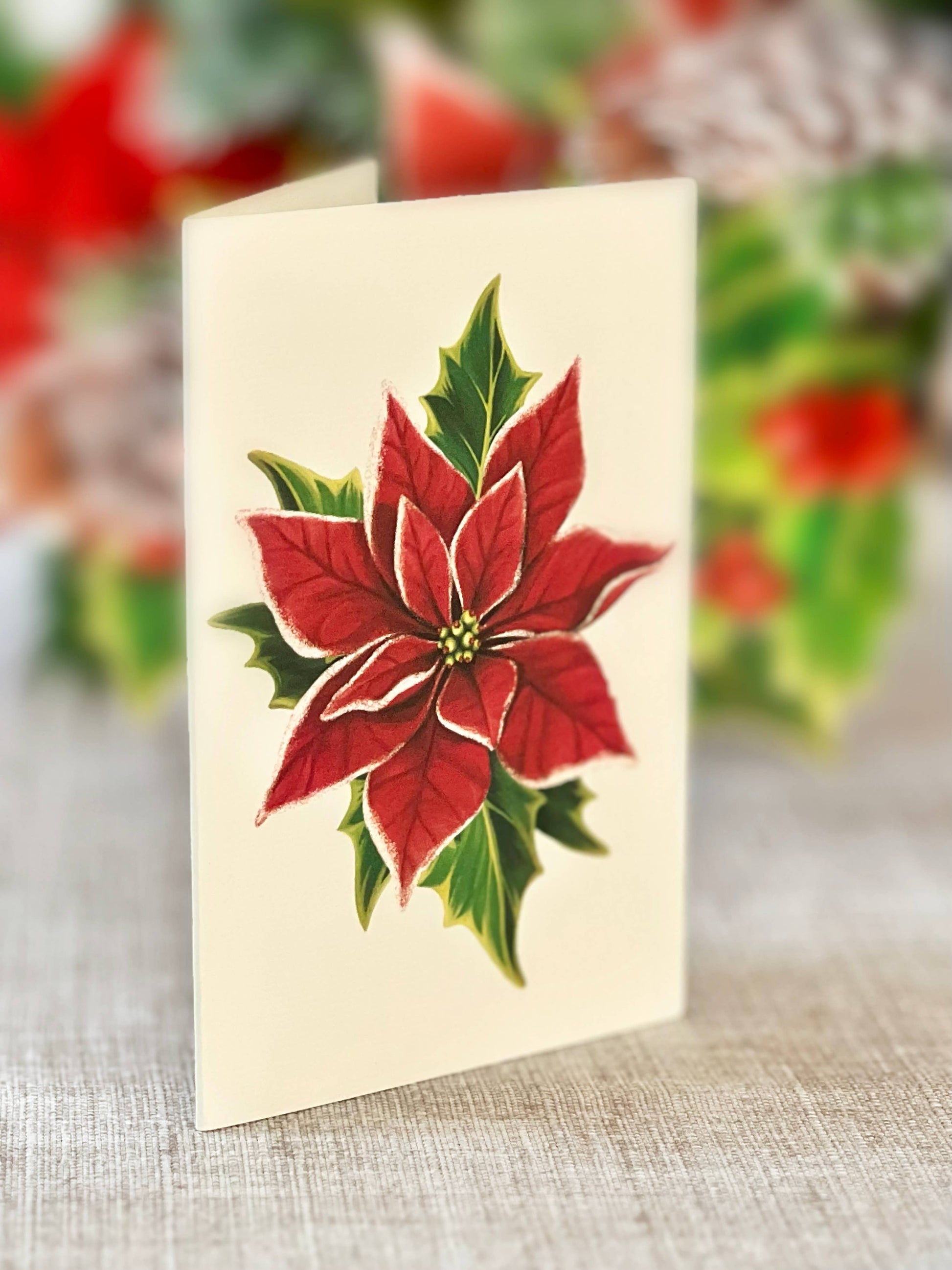 Beautiful pop-up poinsettia greeting card from stationery store with vibrant red petals and green leaves.