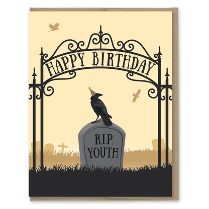 RIP Youth funny birthday card with crow and grave design, perfect for stationery store. Blank inside, A2 size, eco-friendly materials.