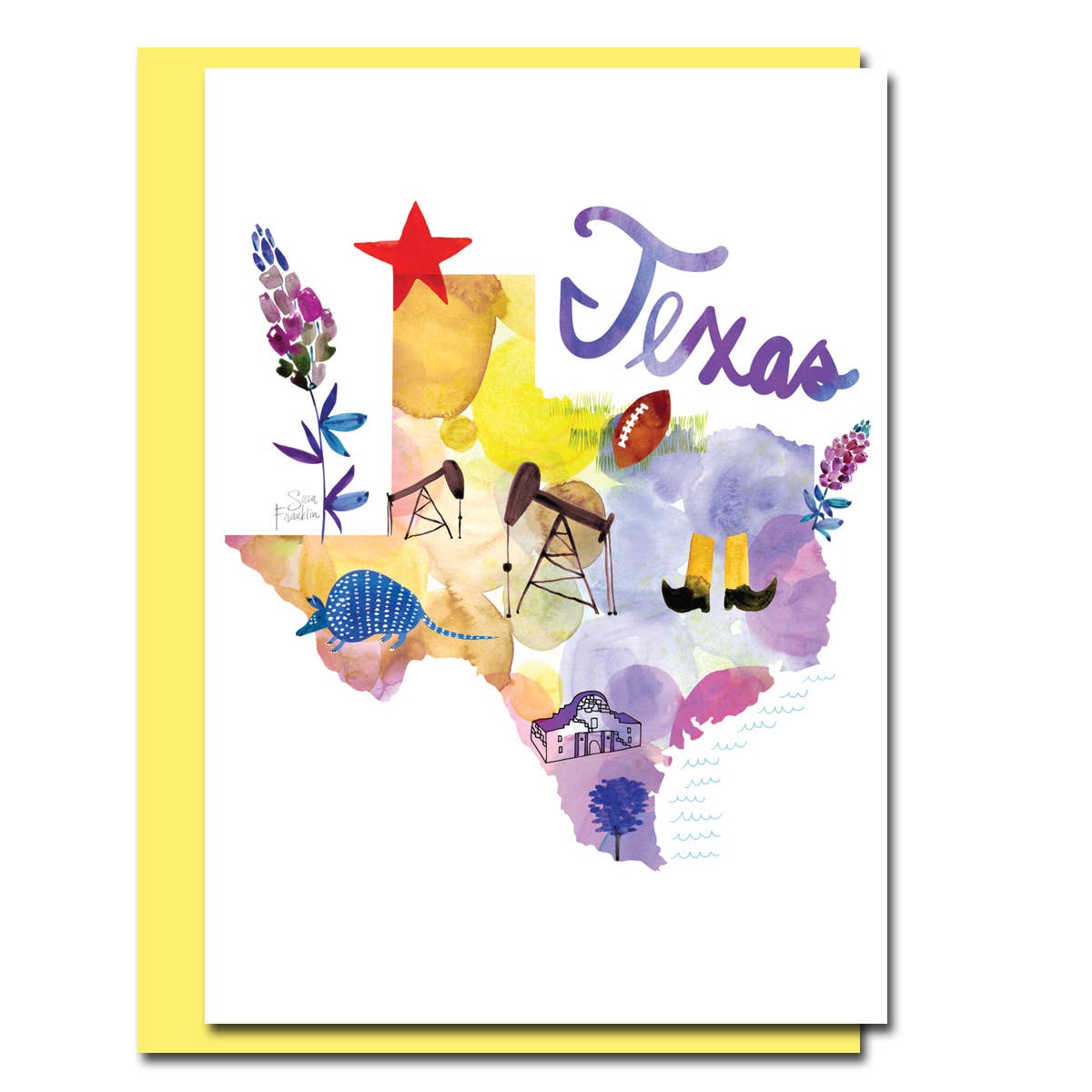 Texas watercolor map card with butter yellow envelope, blank interior. Perfect for any stationery store. Designed by Sara Franklin.