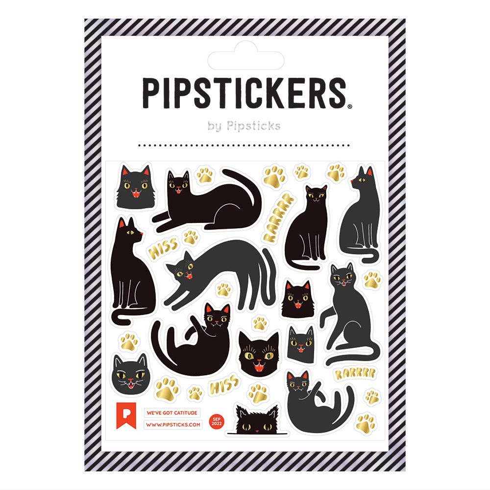 We've Got Catitude PipStickers with black cat designs and gold foil accents on a clear sheet, perfect for stationery store lovers.